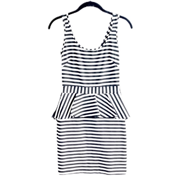 BEBE BLACK AND WHITE STRIPED PEPLUM MINI DRESS - Picture 2 of 6